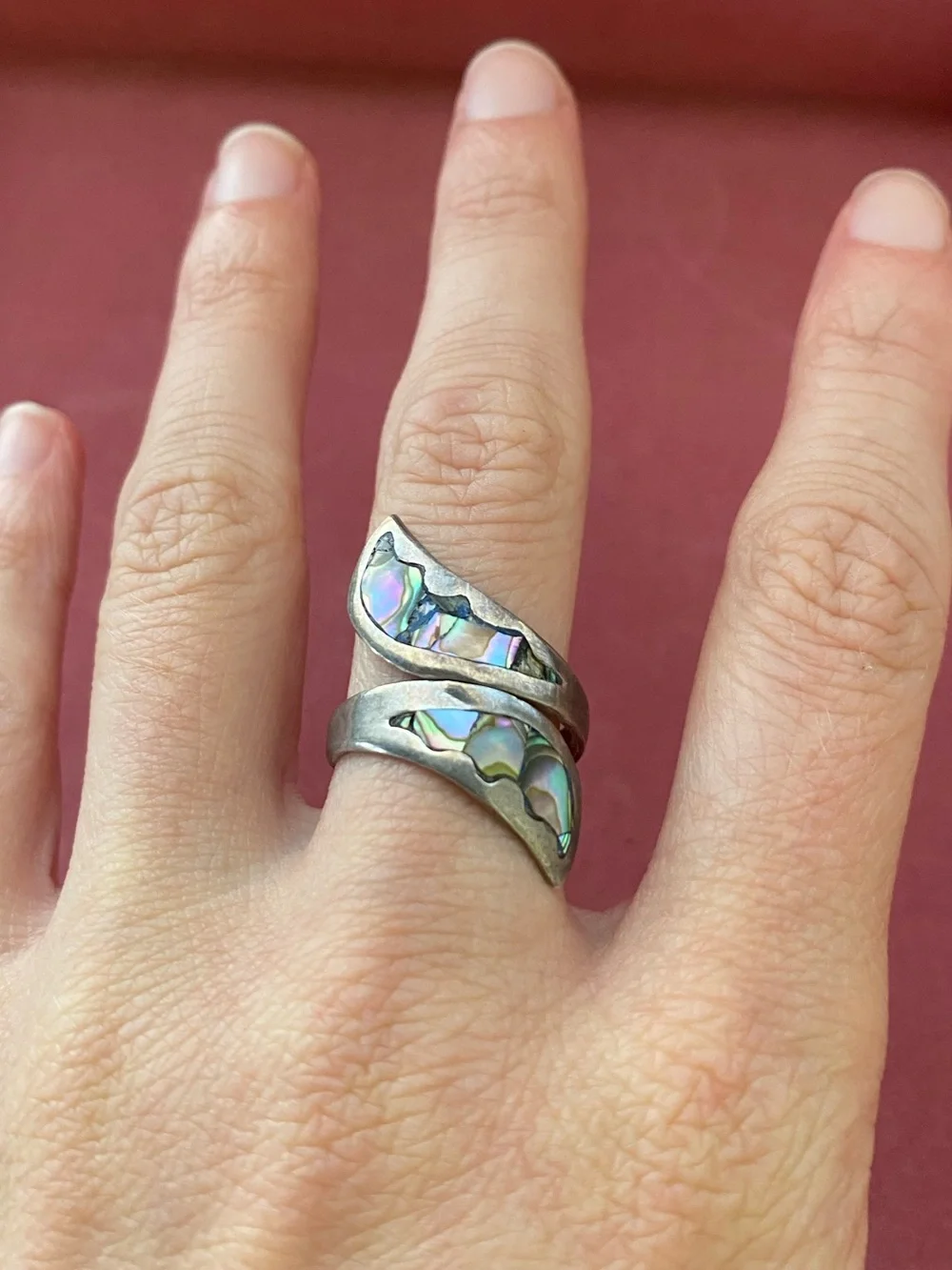 Vintage Handcrafted Elongated Abalone Shell Sterling Silver Ring